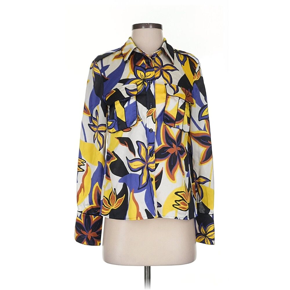 Alexis Laura Yellow Purple Print Tie Neck Blouse Womens XS Long Sleeve Designer